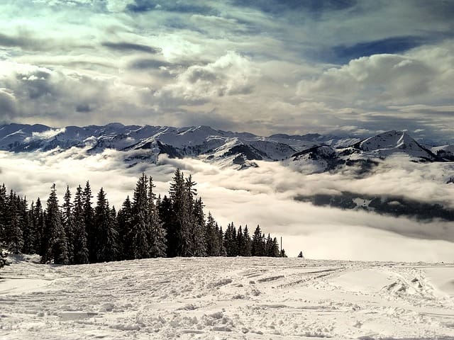 View of the Alpine snowy mountains