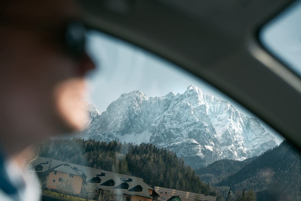 Alpine view from car - travelling from Geneva to Morzine